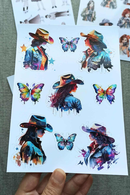 4 Sayfa Kız Sticker Suluboya Çiçek Renkli Sticker