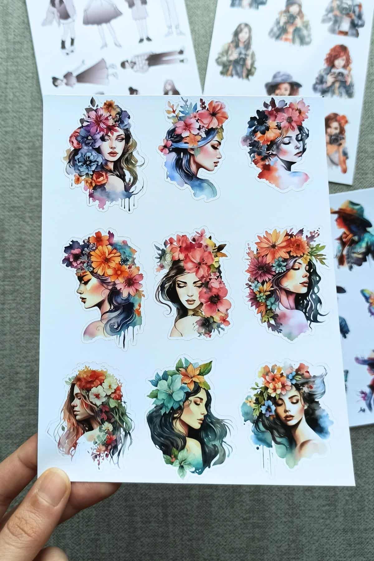 4 Sayfa Kız Sticker Suluboya Çiçek Renkli Sticker
