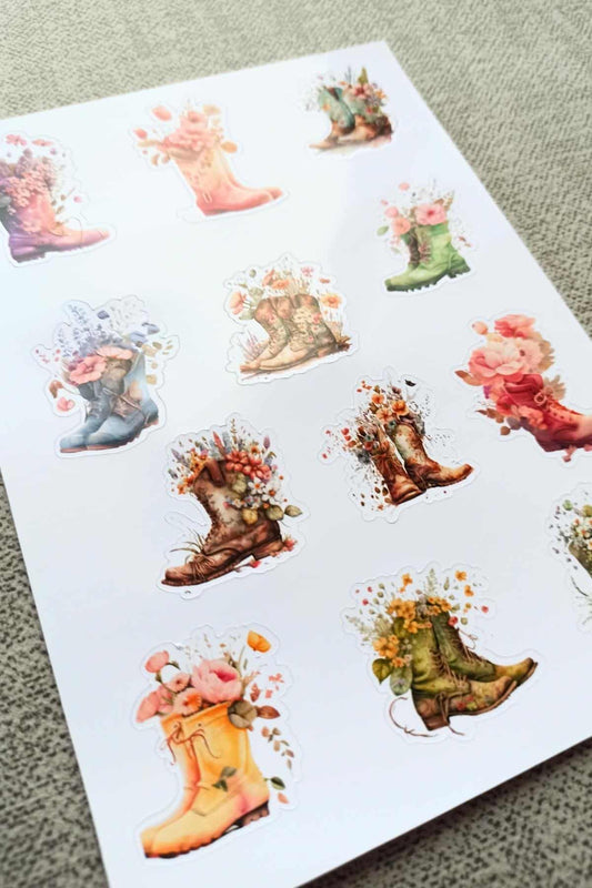 12 Adet Suluboya Vintage Çiçekli Bot Sticker Bullet Journal Scrapbook Laptop Sticker