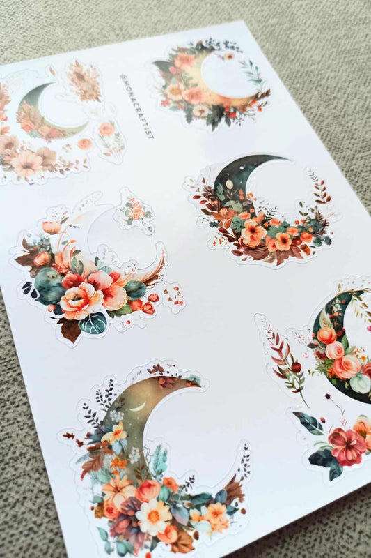 6 Adet Suluboya Çiçekli Hilal Ay Sticker Bullet Journal Scrapbook Laptop Sticker