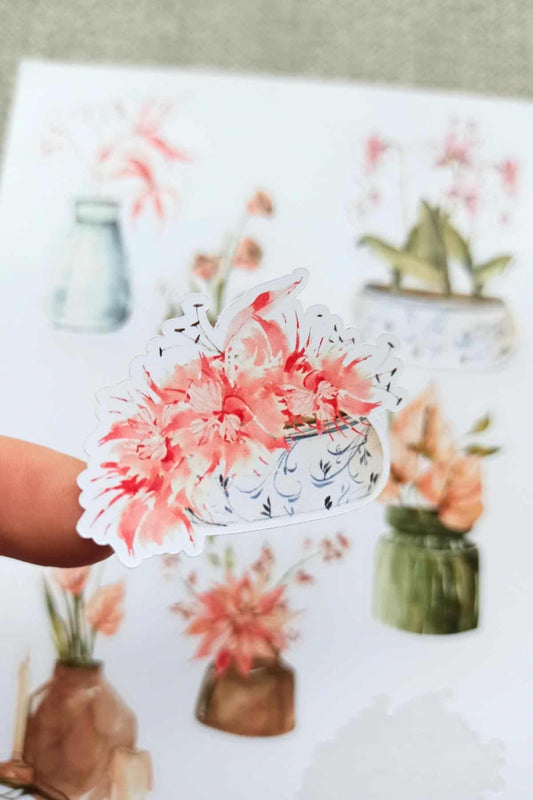 7 Adet Suluboya Vazo Orkide Çiçek Sticker Bullet Journal Scrapbook Laptop Sticker