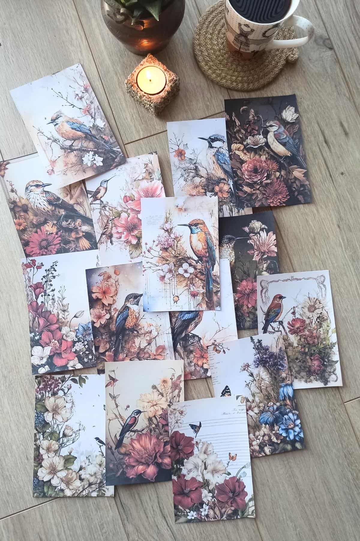 52 Adet Eskitme Vintage Scrapbook Kuş Temalı Scrapbook Kağıt Seti Bullet Journal Dekupaj Kağıdı