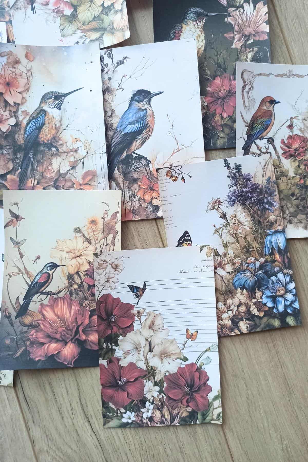 15 Adet Eskitme Vintage Kuş Temalı Scrapbook Kağıt Seti Bullet Journal Dekupaj Kağıdı