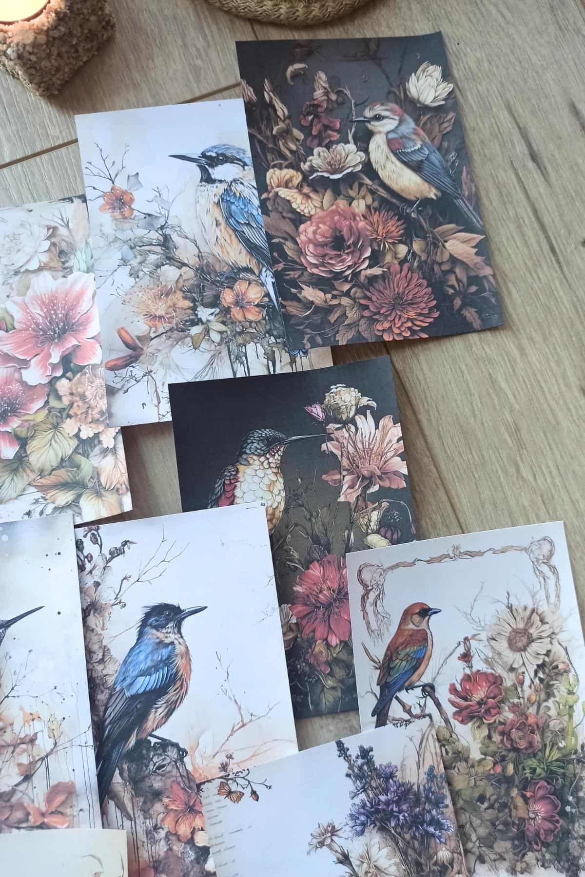 15 Adet Eskitme Vintage Kuş Temalı Scrapbook Kağıt Seti Bullet Journal Dekupaj Kağıdı