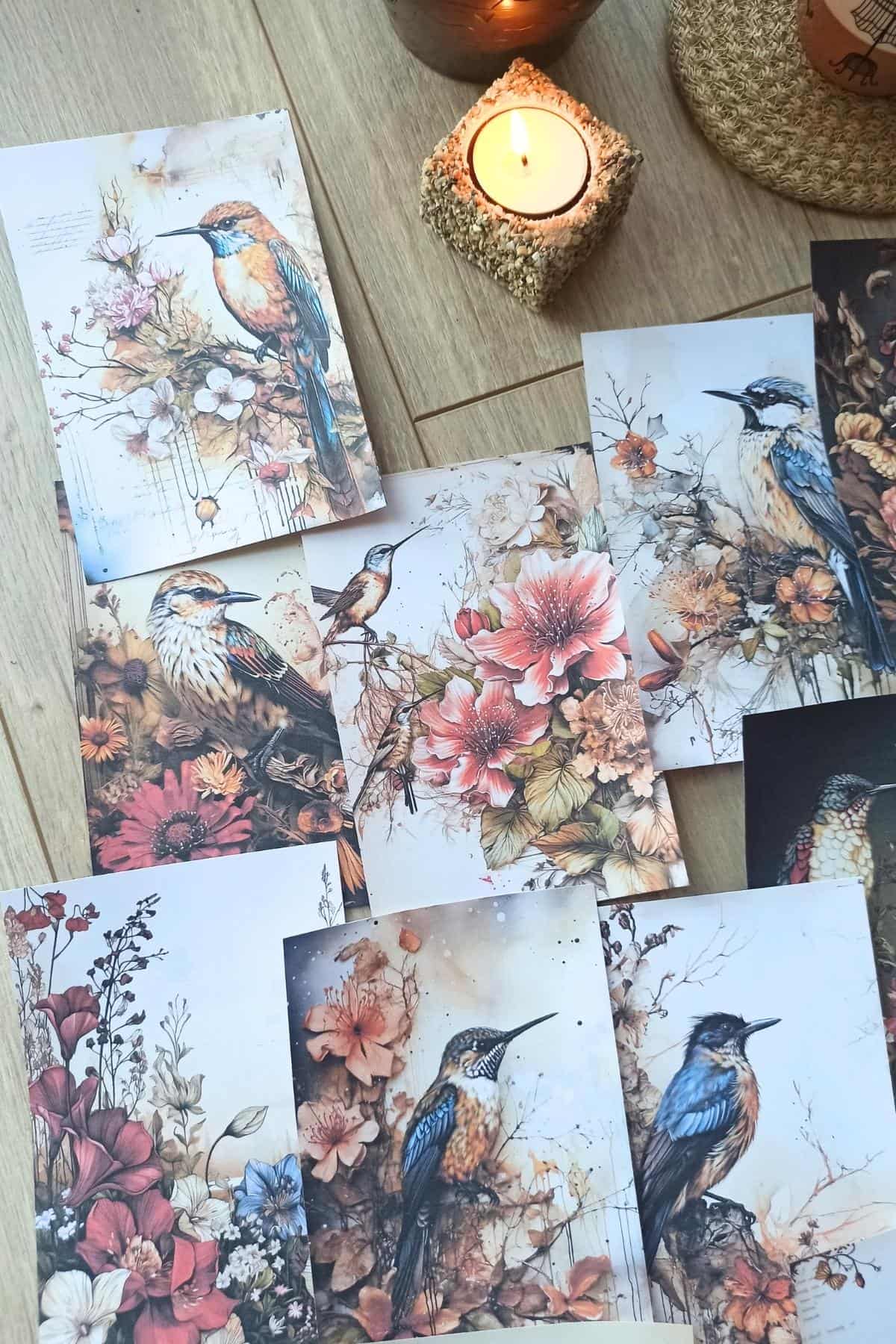 15 Adet Eskitme Vintage Kuş Temalı Scrapbook Kağıt Seti Bullet Journal Dekupaj Kağıdı