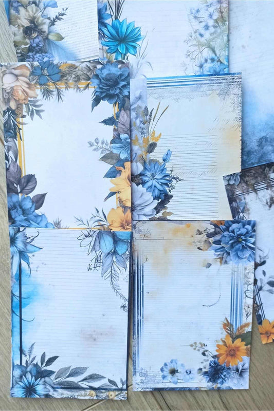 15 Adet Eskitme Vintage Mavi Çiçek Temalı Scrapbook Kağıt Seti Bullet Journal Dekupaj Kağıdı