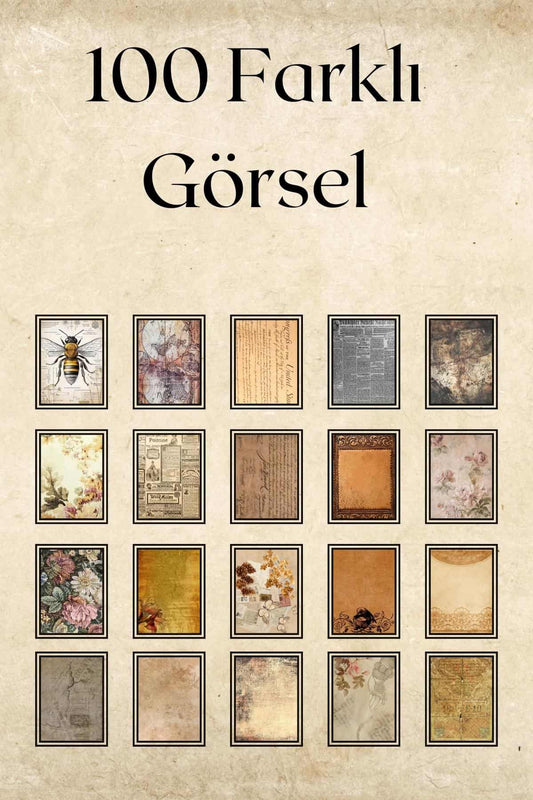 100 Adet Eskitme Vintage Temalı Scrapbook Kağıt Seti Bullet Journal Dekupaj Kağıdı