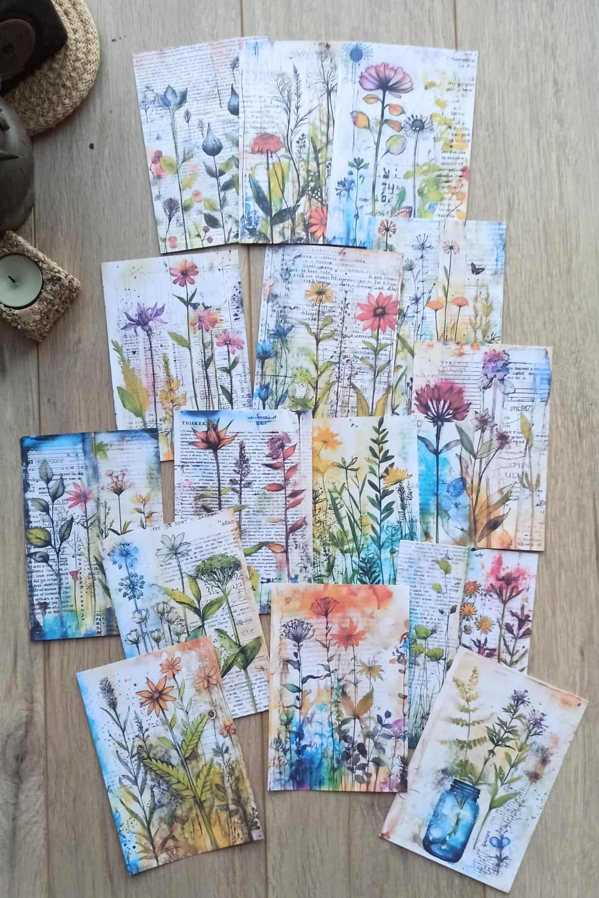 15 Adet Eskitme Vintage Suluboya Çiçek Temalı Scrapbook Kağıt Seti Bullet Journal Dekupaj Kağıdı