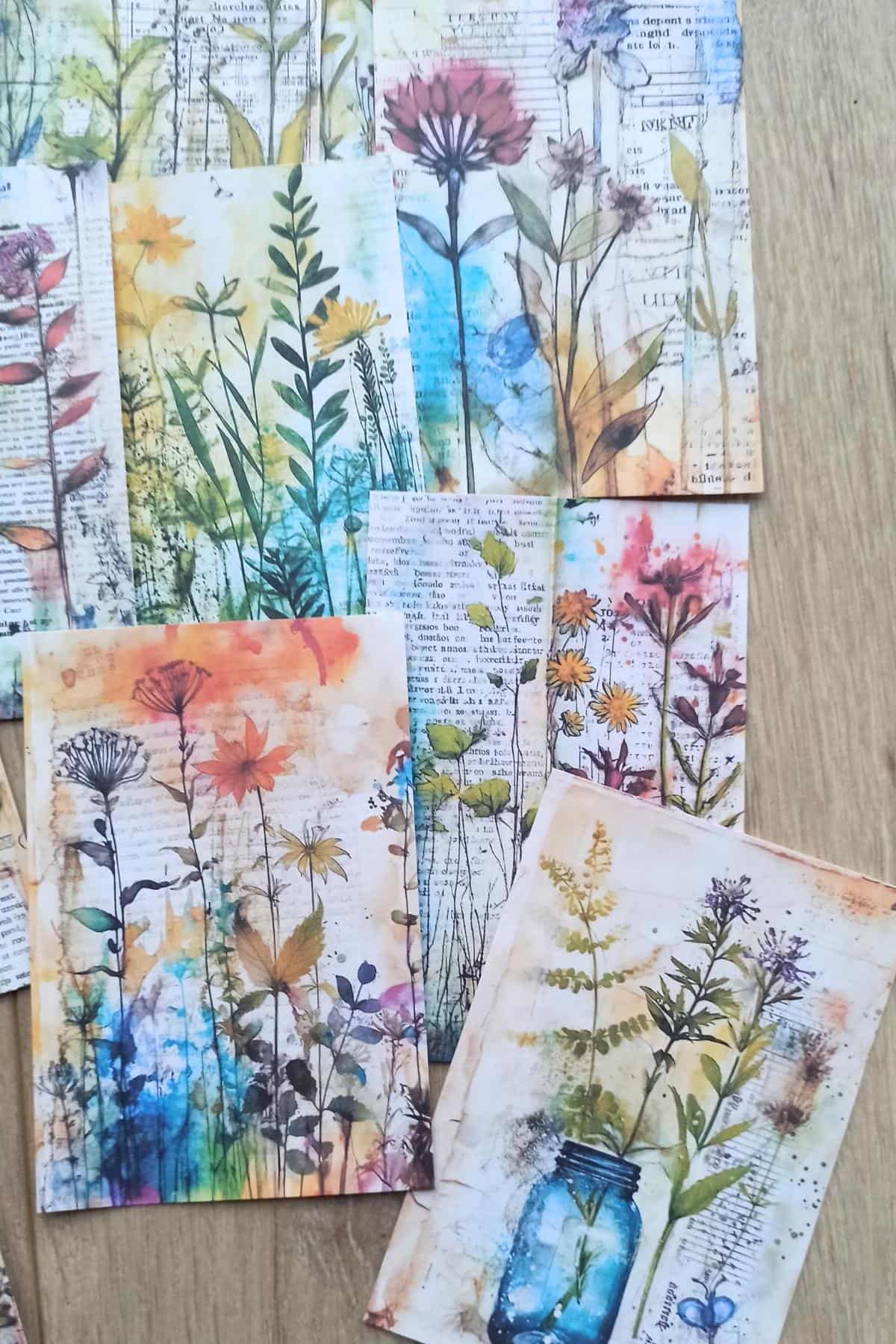 15 Adet Eskitme Vintage Suluboya Çiçek Temalı Scrapbook Kağıt Seti Bullet Journal Dekupaj Kağıdı