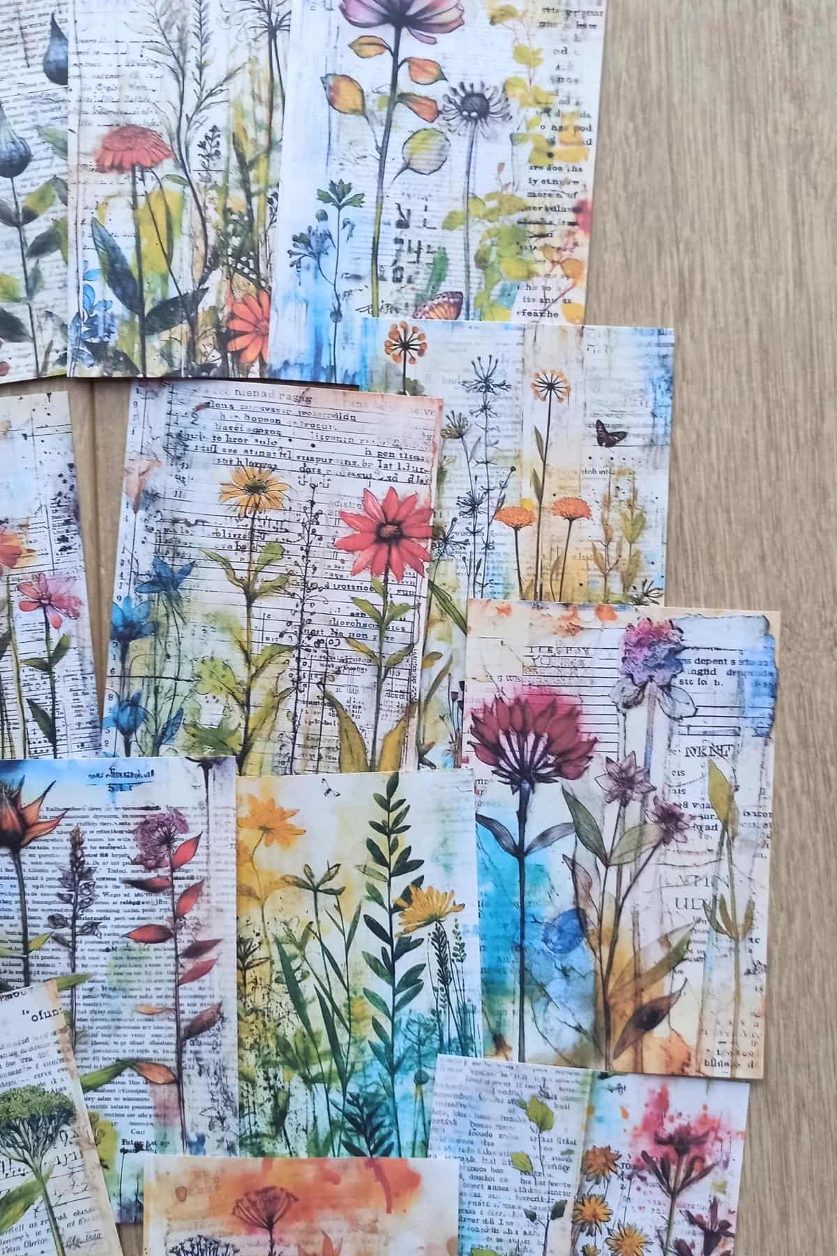15 Adet Eskitme Vintage Suluboya Çiçek Temalı Scrapbook Kağıt Seti Bullet Journal Dekupaj Kağıdı