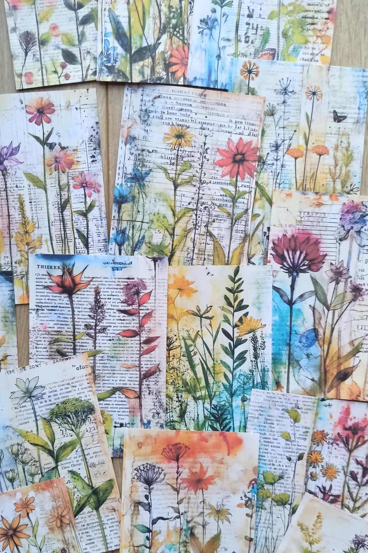15 Adet Eskitme Vintage Suluboya Çiçek Temalı Scrapbook Kağıt Seti Bullet Journal Dekupaj Kağıdı