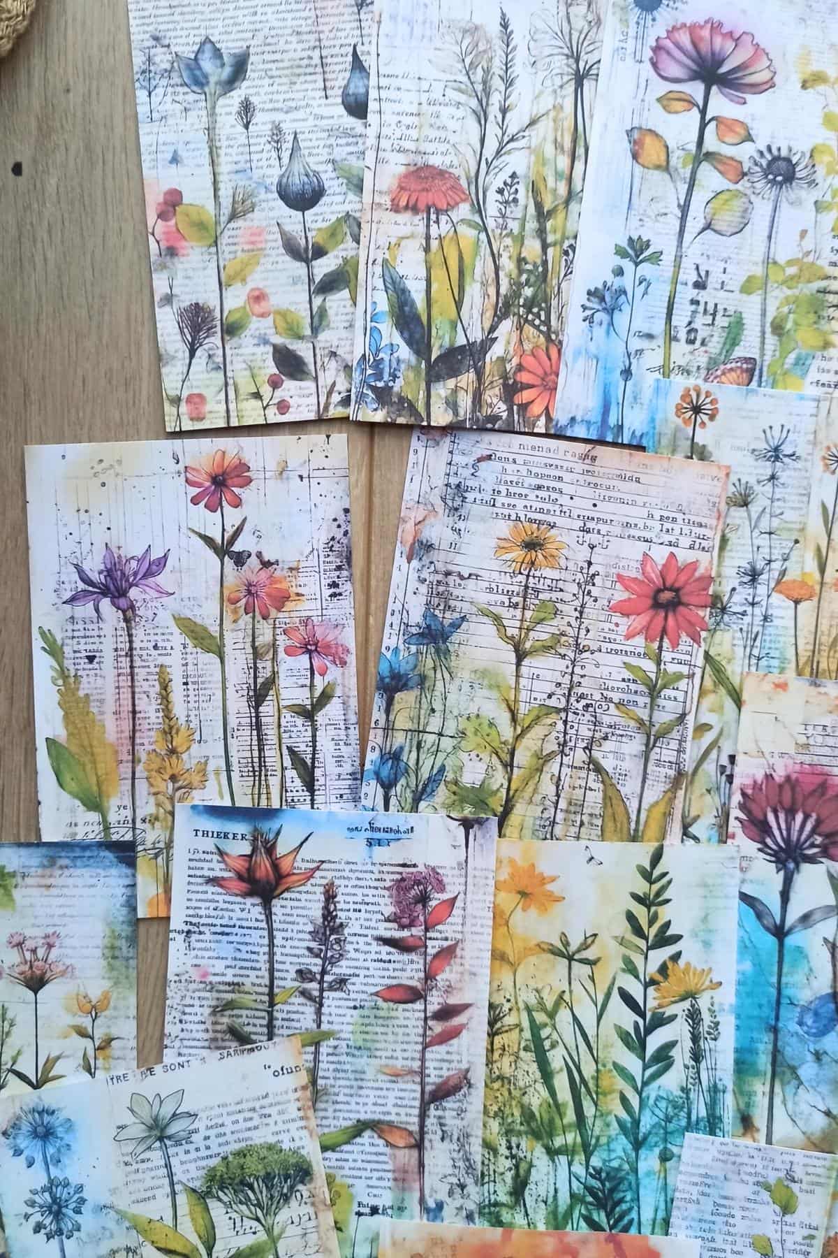 15 Adet Eskitme Vintage Suluboya Çiçek Temalı Scrapbook Kağıt Seti Bullet Journal Dekupaj Kağıdı