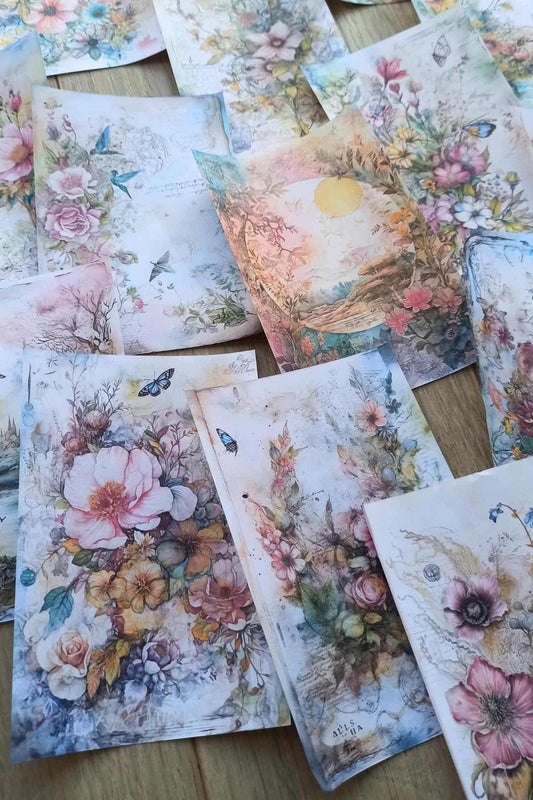 15 Adet Eskitme Vintage Suluboya Çiçek Temalı Scrapbook Kağıt Seti Bullet Journal Dekupaj Kağıdı