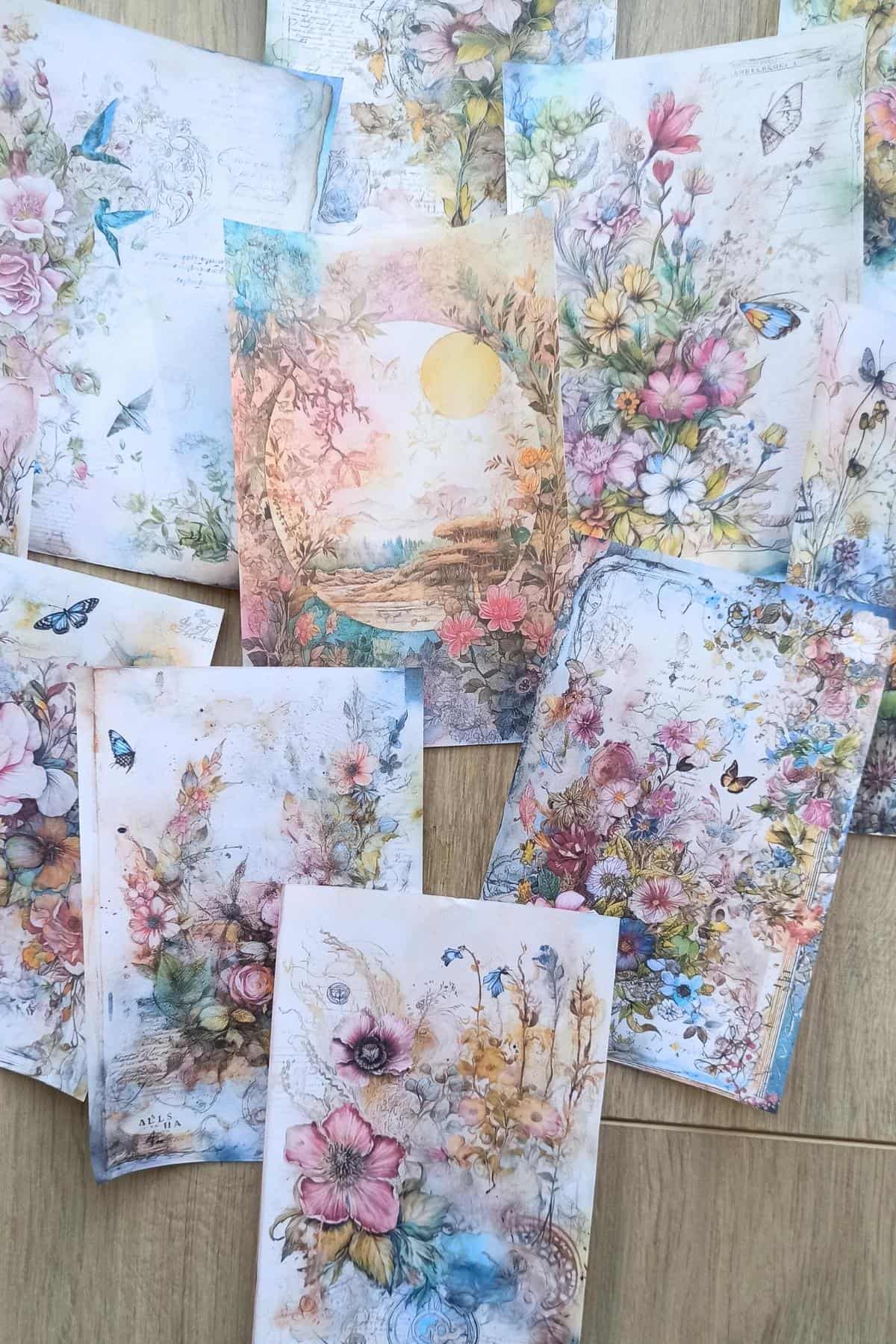 15 Adet Eskitme Vintage Suluboya Çiçek Temalı Scrapbook Kağıt Seti Bullet Journal Dekupaj Kağıdı