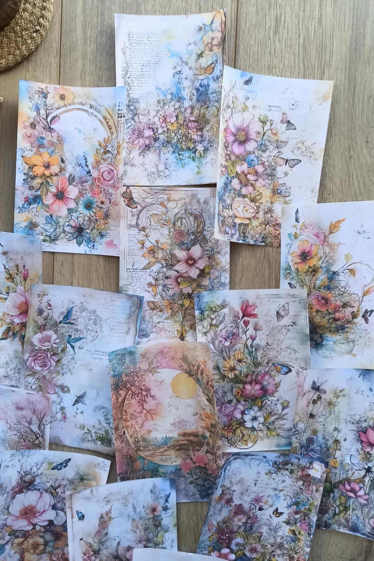 15 Adet Eskitme Vintage Suluboya Çiçek Temalı Scrapbook Kağıt Seti Bullet Journal Dekupaj Kağıdı