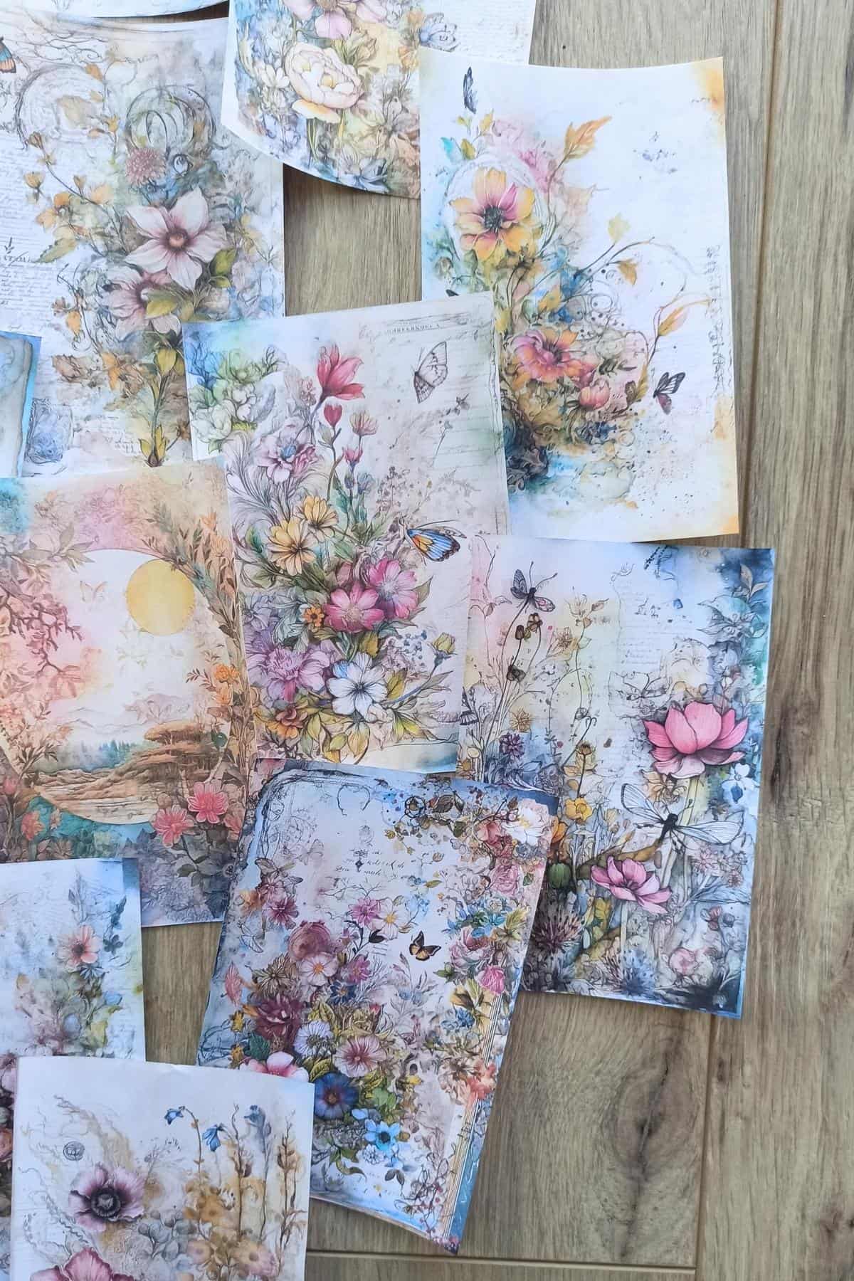 15 Adet Eskitme Vintage Suluboya Çiçek Temalı Scrapbook Kağıt Seti Bullet Journal Dekupaj Kağıdı