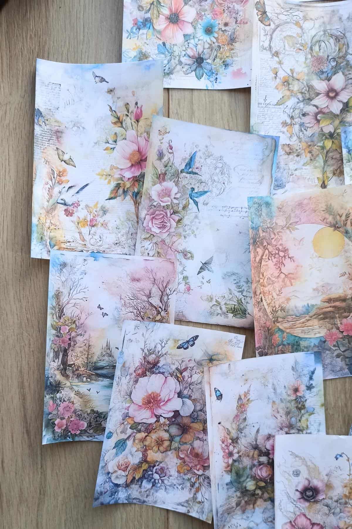 15 Adet Eskitme Vintage Suluboya Çiçek Temalı Scrapbook Kağıt Seti Bullet Journal Dekupaj Kağıdı
