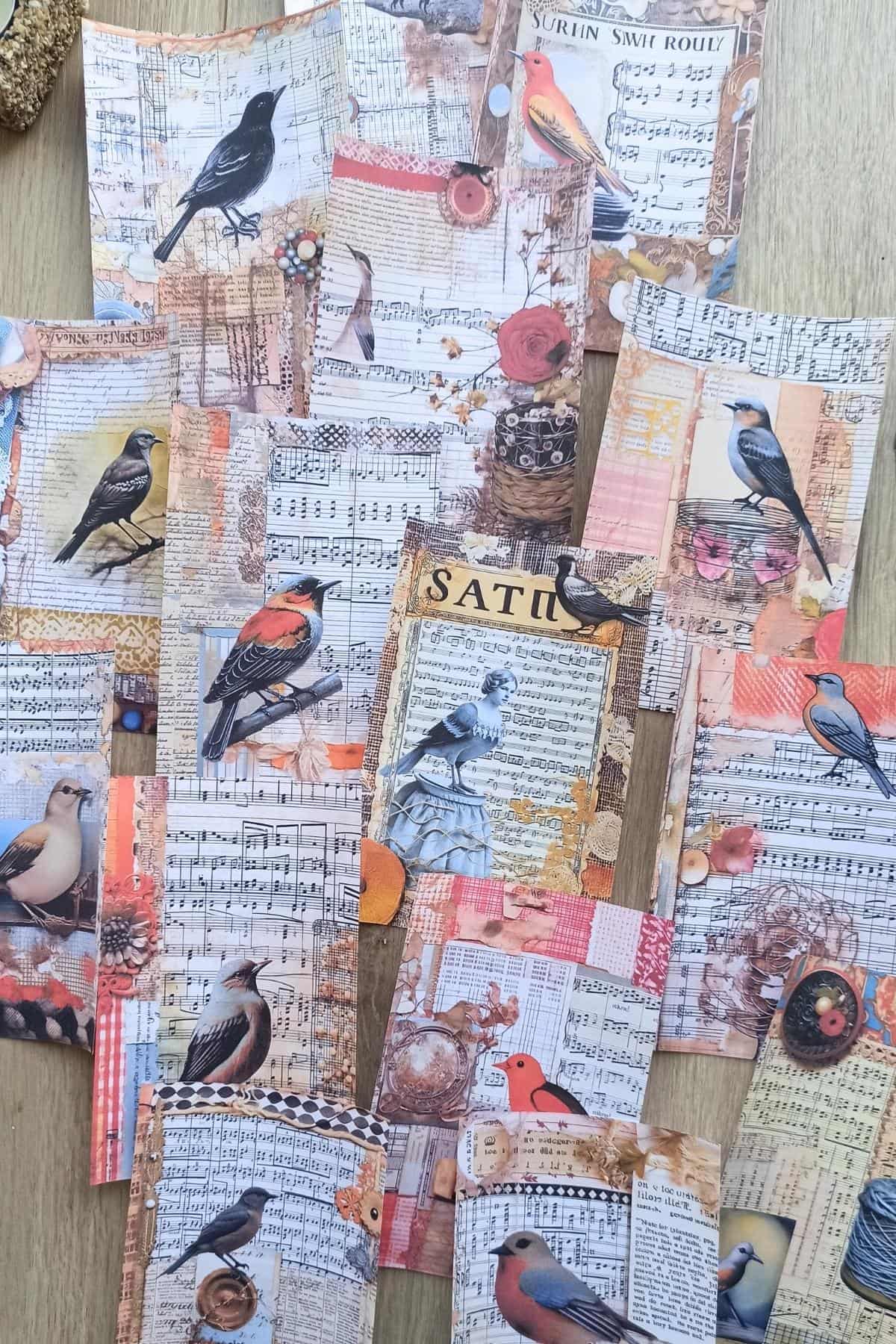 15 Adet Eskitme Vintage Kuş Temalı Scrapbook Kağıt Seti Bullet Journal Dekupaj Kağıdı