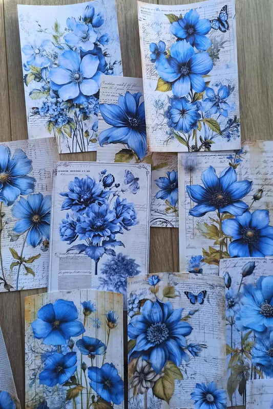 15 Adet Eskitme Vintage Mavi Çiçek Temalı Scrapbook Kağıt Seti Bullet Journal Dekupaj Kağıdı