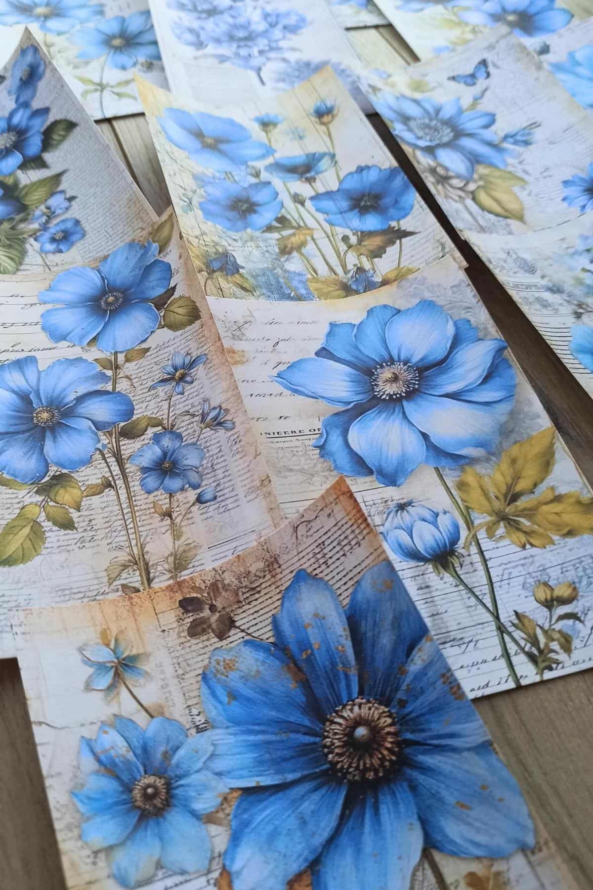 15 Adet Eskitme Vintage Mavi Çiçek Temalı Scrapbook Kağıt Seti Bullet Journal Dekupaj Kağıdı