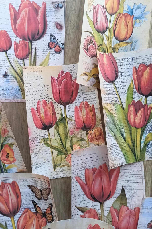 15 Adet Eskitme Vintage Lale Temalı Scrapbook Kağıt Seti Bullet Journal Dekupaj Kağıdı