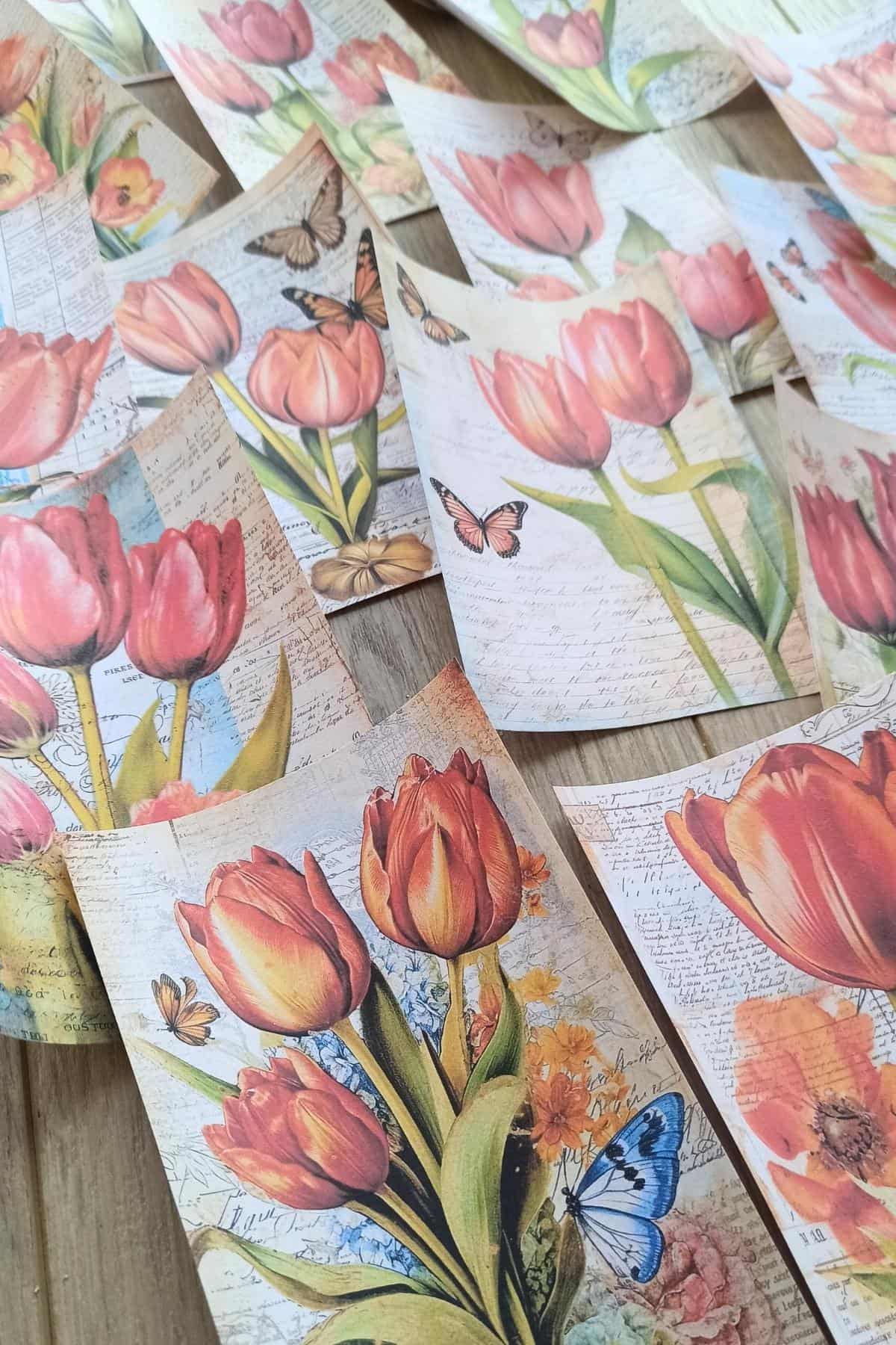 15 Adet Eskitme Vintage Lale Temalı Scrapbook Kağıt Seti Bullet Journal Dekupaj Kağıdı