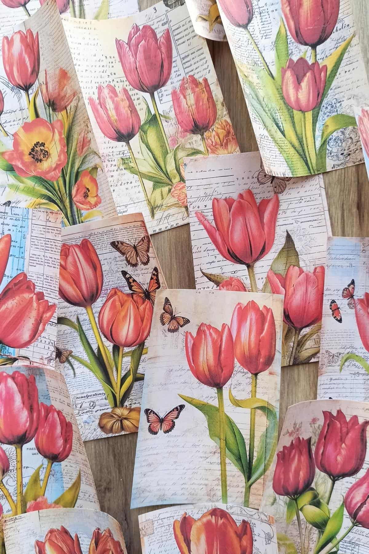 15 Adet Eskitme Vintage Lale Temalı Scrapbook Kağıt Seti Bullet Journal Dekupaj Kağıdı