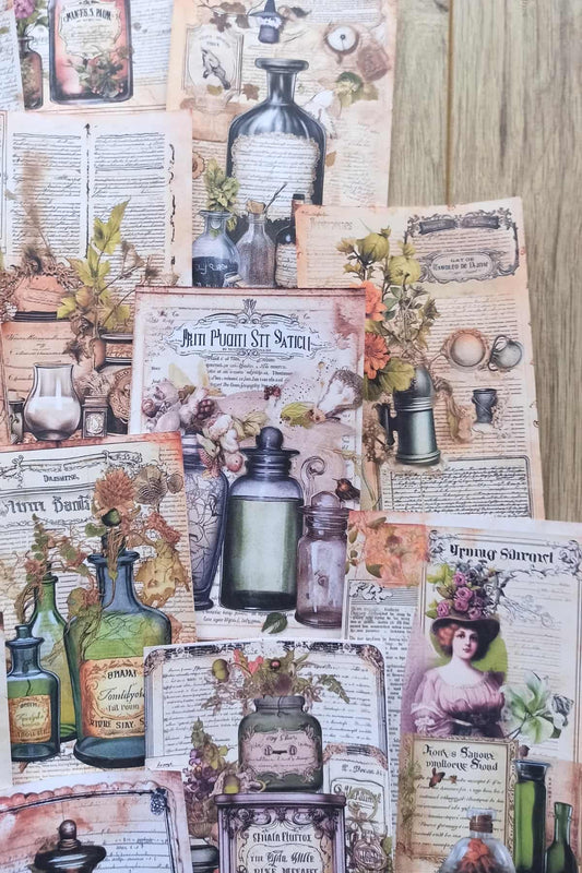 15 Adet Eskitme Vintage İksir Şişesi Temalı Scrapbook Kağıt Seti Bullet Journal Dekupaj Kağıdı