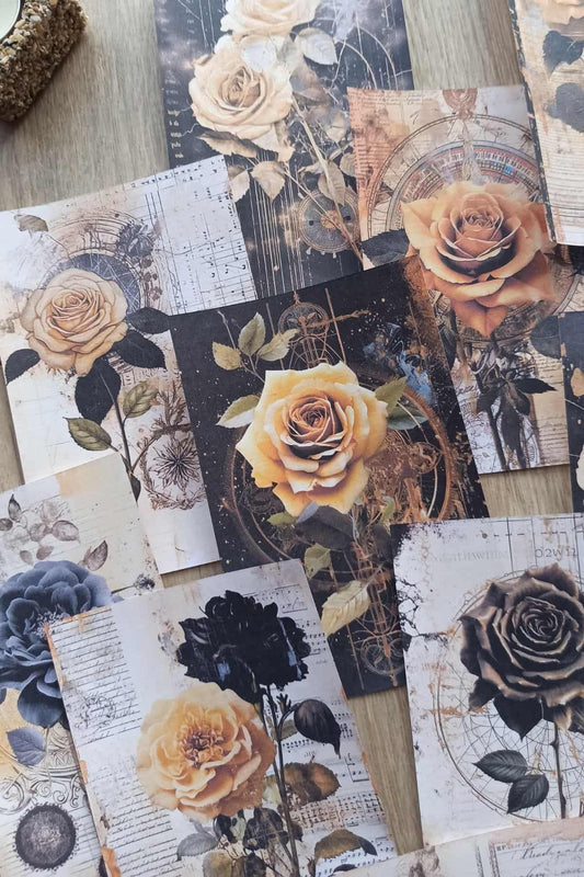 15 Adet Eskitme Vintage Gül Temalı Scrapbook Kağıt Seti Bullet Journal Dekupaj Kağıdı