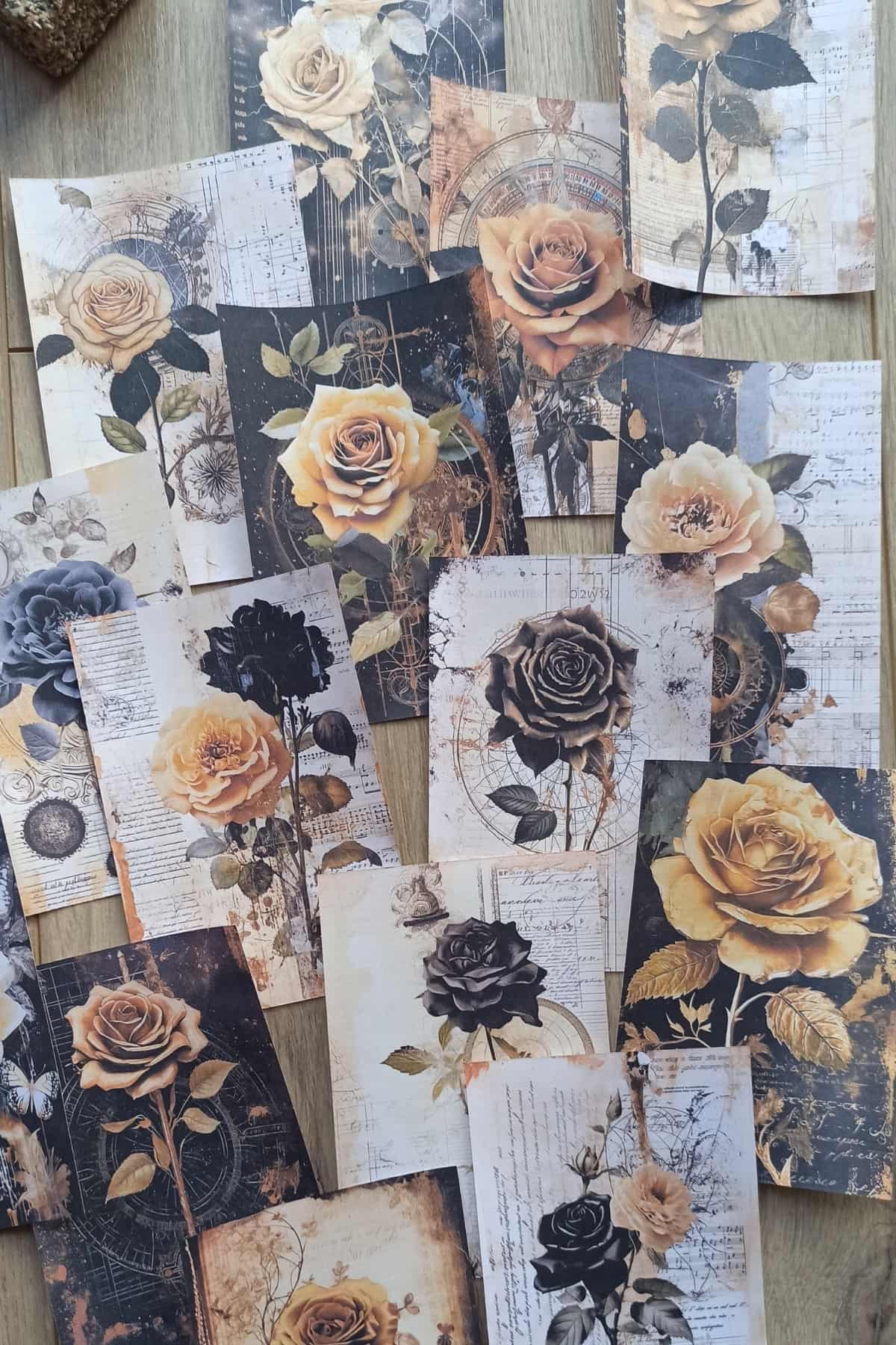 15 Adet Eskitme Vintage Gül Temalı Scrapbook Kağıt Seti Bullet Journal Dekupaj Kağıdı