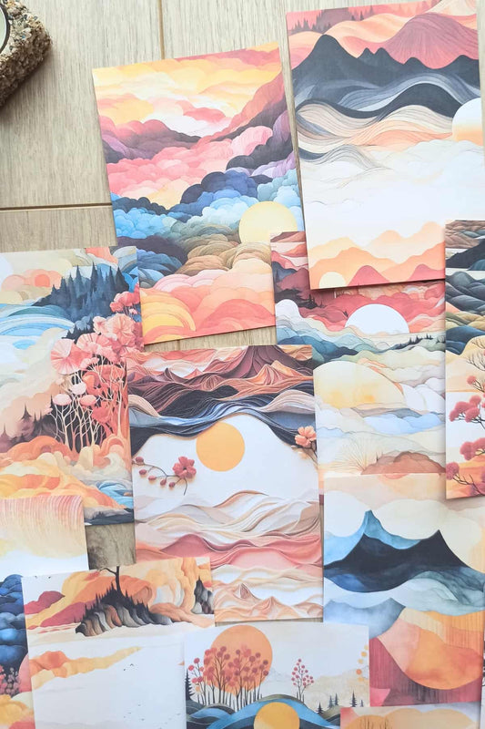 15 Adet Turuncu Gündoğumu Temalı Scrapbook Kağıt Seti Bullet Journal Dekupaj Kağıdı