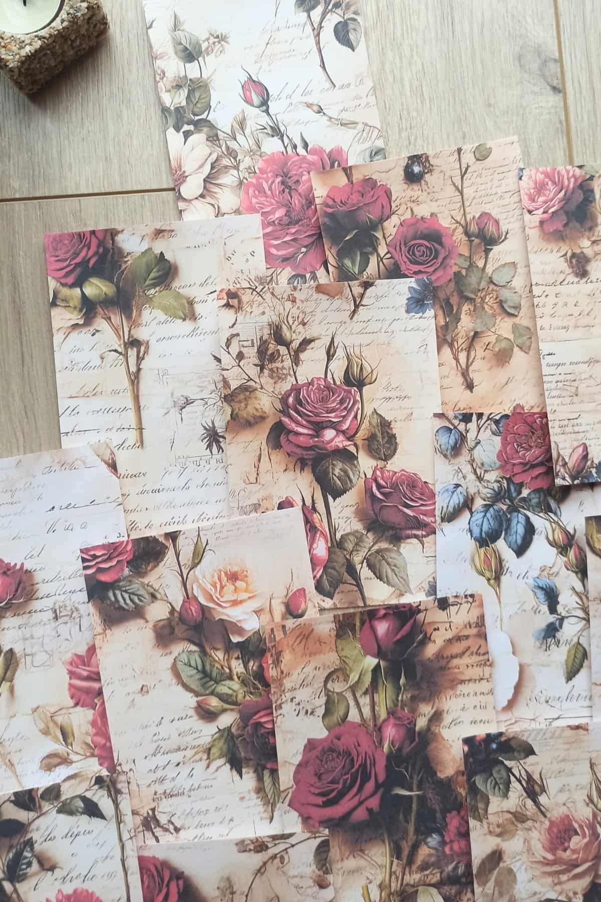 15 Adet Eskitme Vintage Gül Temalı Scrapbook Kağıt Seti Bullet Journal Dekupaj Kağıdı