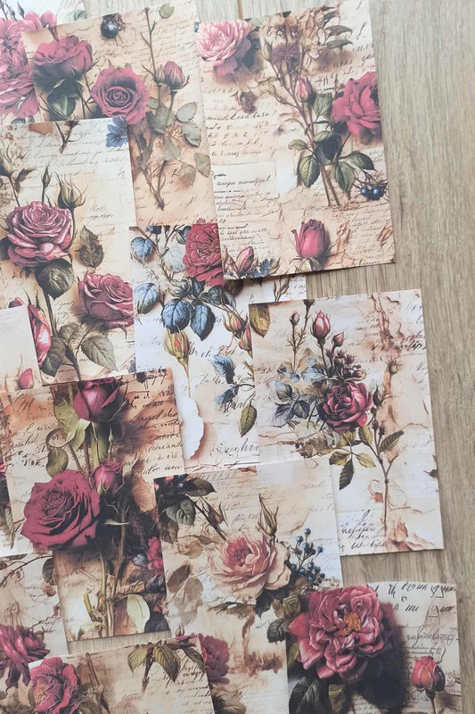 15 Adet Eskitme Vintage Gül Temalı Scrapbook Kağıt Seti Bullet Journal Dekupaj Kağıdı