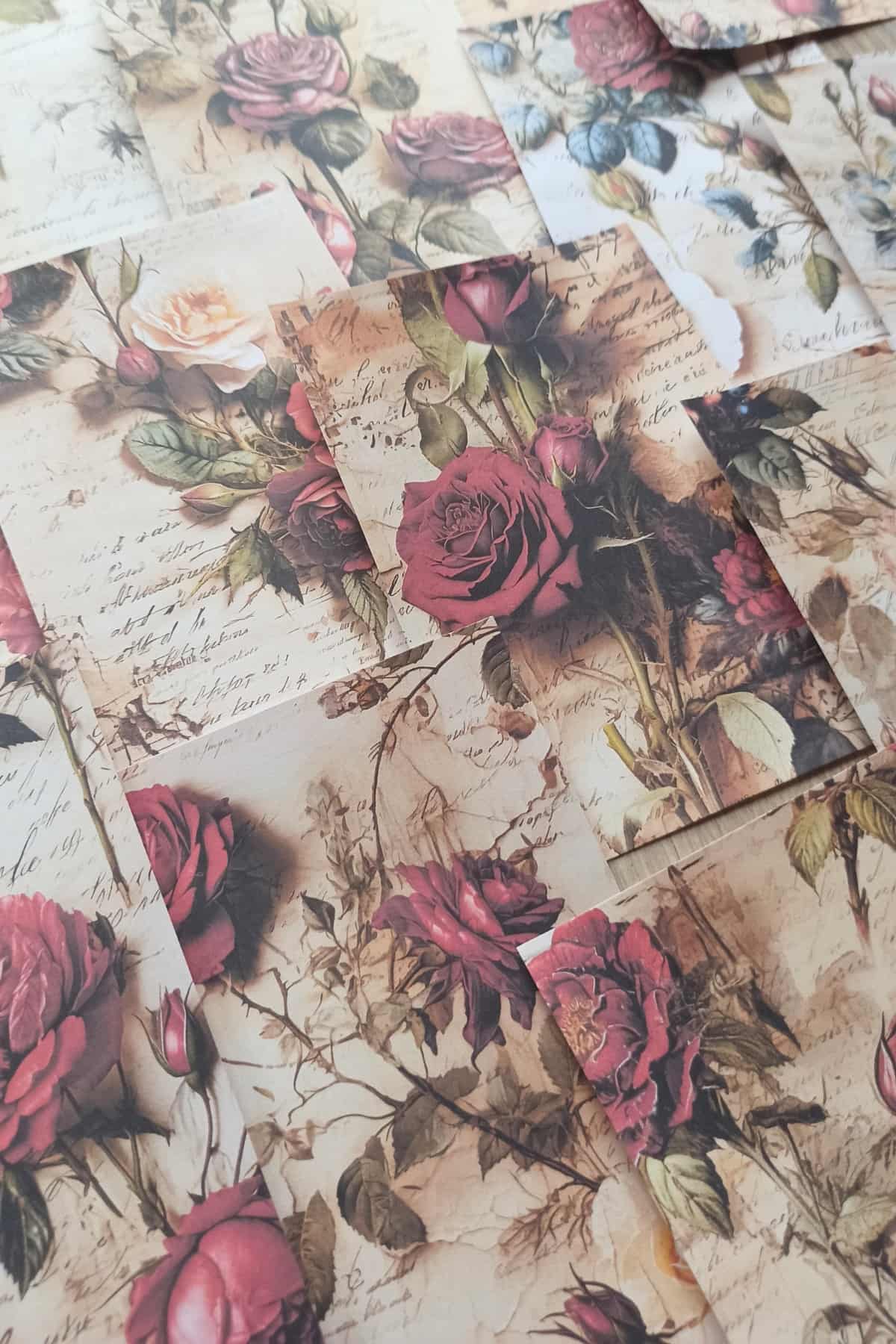 15 Adet Eskitme Vintage Gül Temalı Scrapbook Kağıt Seti Bullet Journal Dekupaj Kağıdı