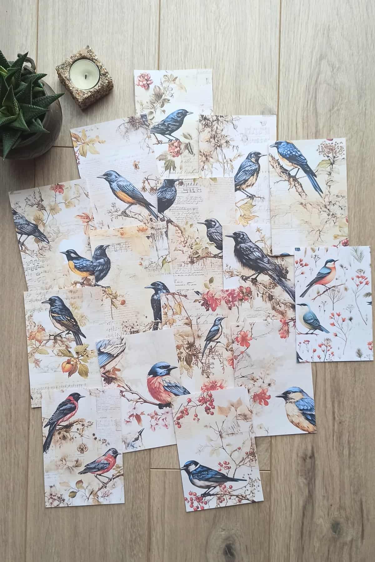 15 Adet Eskitme Vintage Kuş Temalı Scrapbook Kağıt Seti Bullet Journal Dekupaj Kağıdı