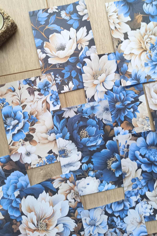15 Adet Mavi Gül Temalı Scrapbook Kağıt Seti Bullet Journal Dekupaj Kağıdı