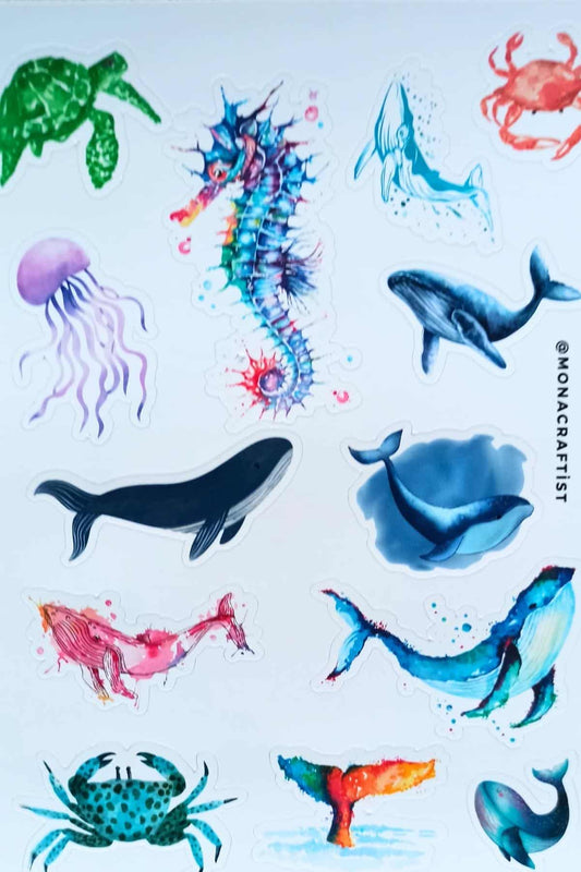 13 Adet Suluboya Balık Balina Okyanus Temalı Sticker Bullet Journal Scrapbook Laptop Sticker