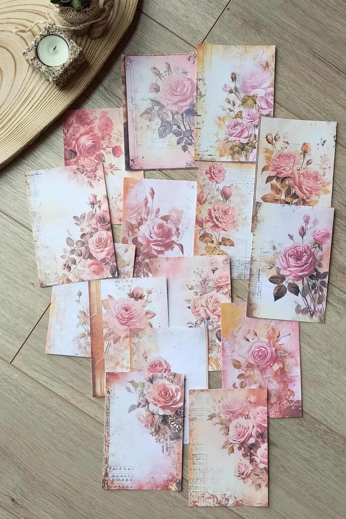 45 Adet Eskitme Vintage Gül Temalı Scrapbook Kağıt Seti Bullet Journal Dekupaj Kağıdı Karışık Renk