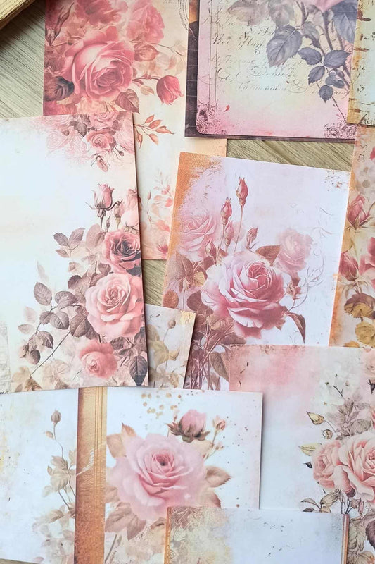 15 Adet Eskitme Vintage Gül Temalı Scrapbook Kağıt Seti Bullet Journal Dekupaj Kağıdı