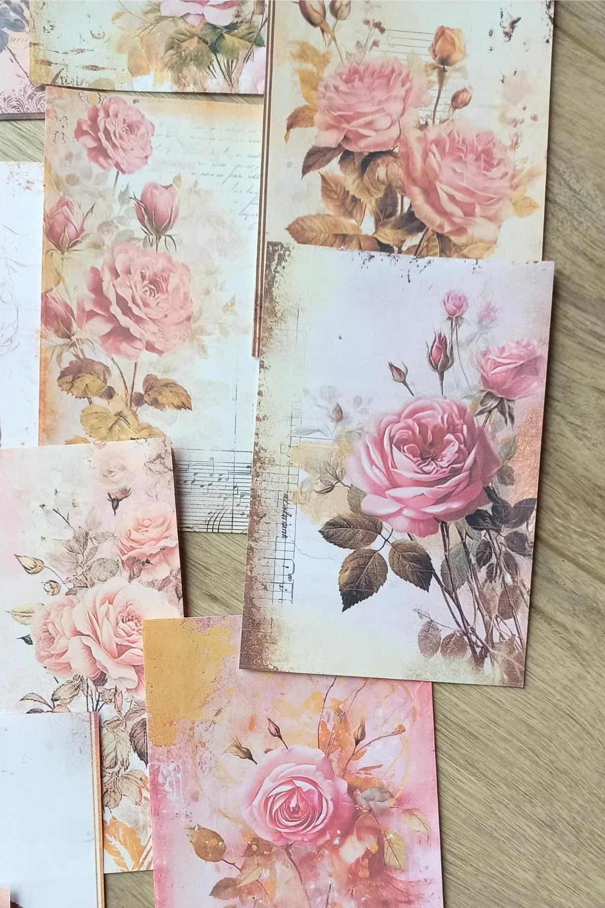 15 Adet Eskitme Vintage Gül Temalı Scrapbook Kağıt Seti Bullet Journal Dekupaj Kağıdı