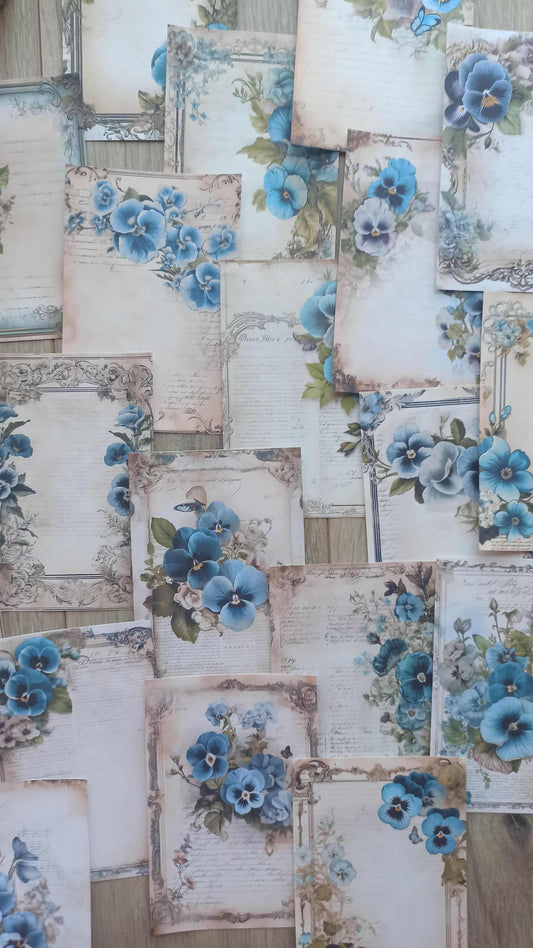 20 Adet Eskitme Vintage Mavi Menekşe Temalı Scrapbook Kağıt Seti Bullet Journal Dekupaj Kağıdı