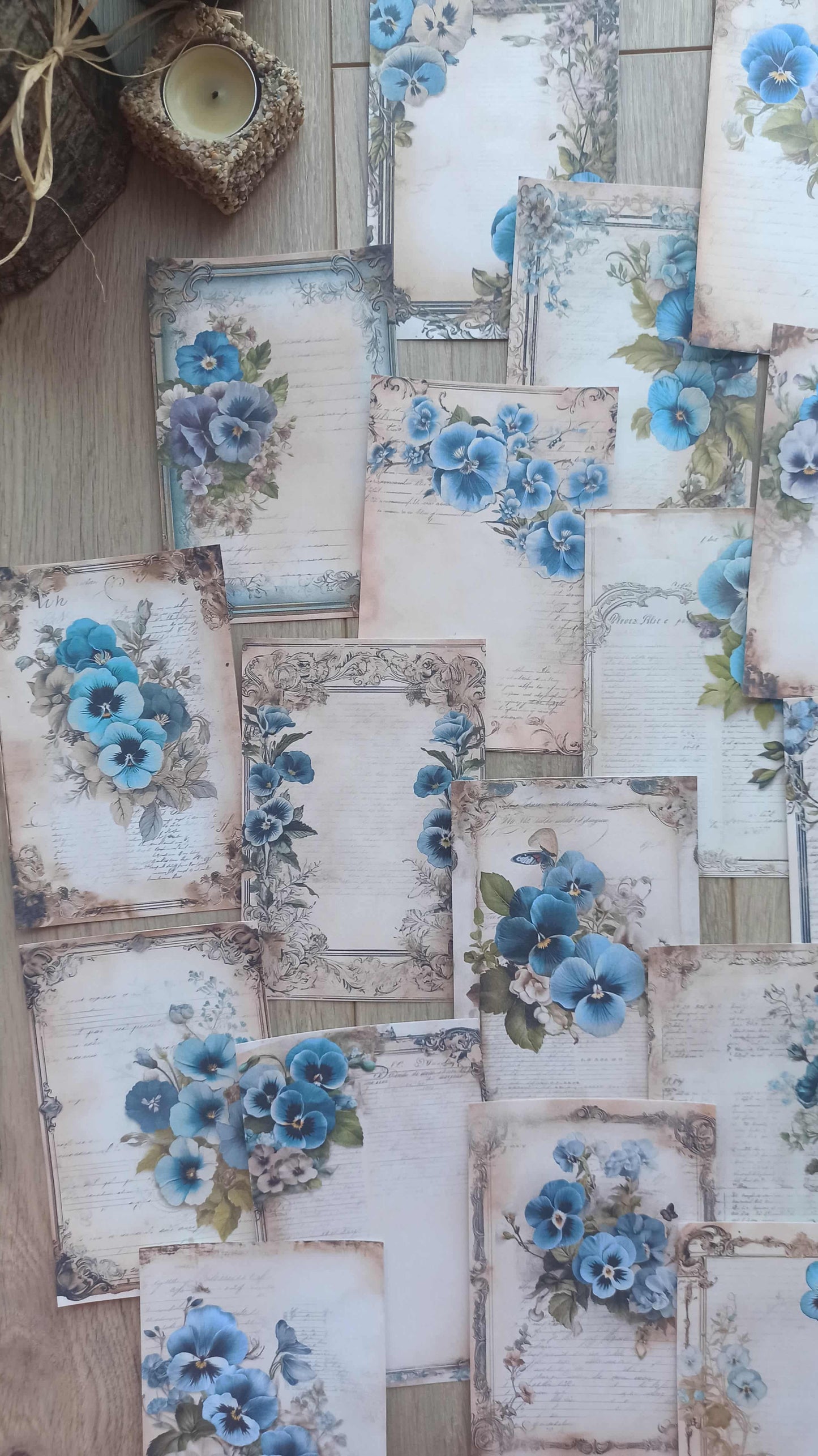 20 Adet Eskitme Vintage Mavi Menekşe Temalı Scrapbook Kağıt Seti Bullet Journal Dekupaj Kağıdı