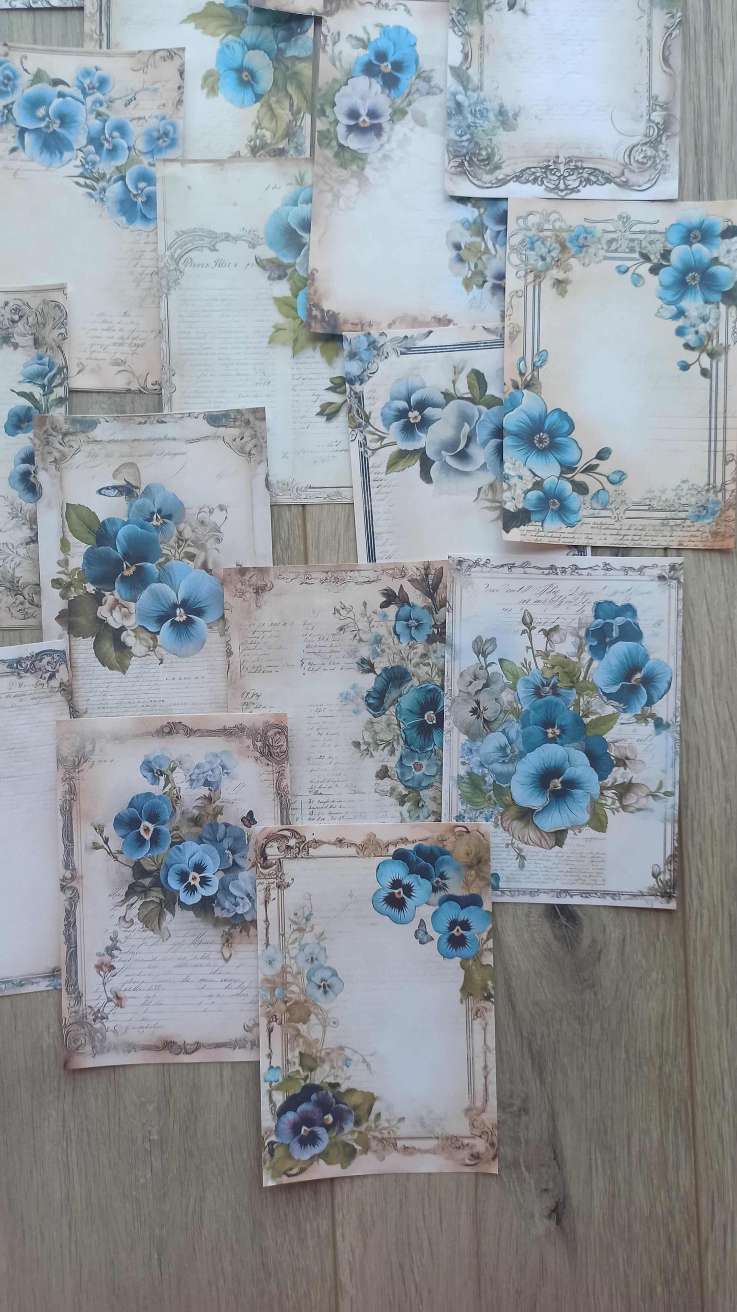 20 Adet Eskitme Vintage Mavi Menekşe Temalı Scrapbook Kağıt Seti Bullet Journal Dekupaj Kağıdı