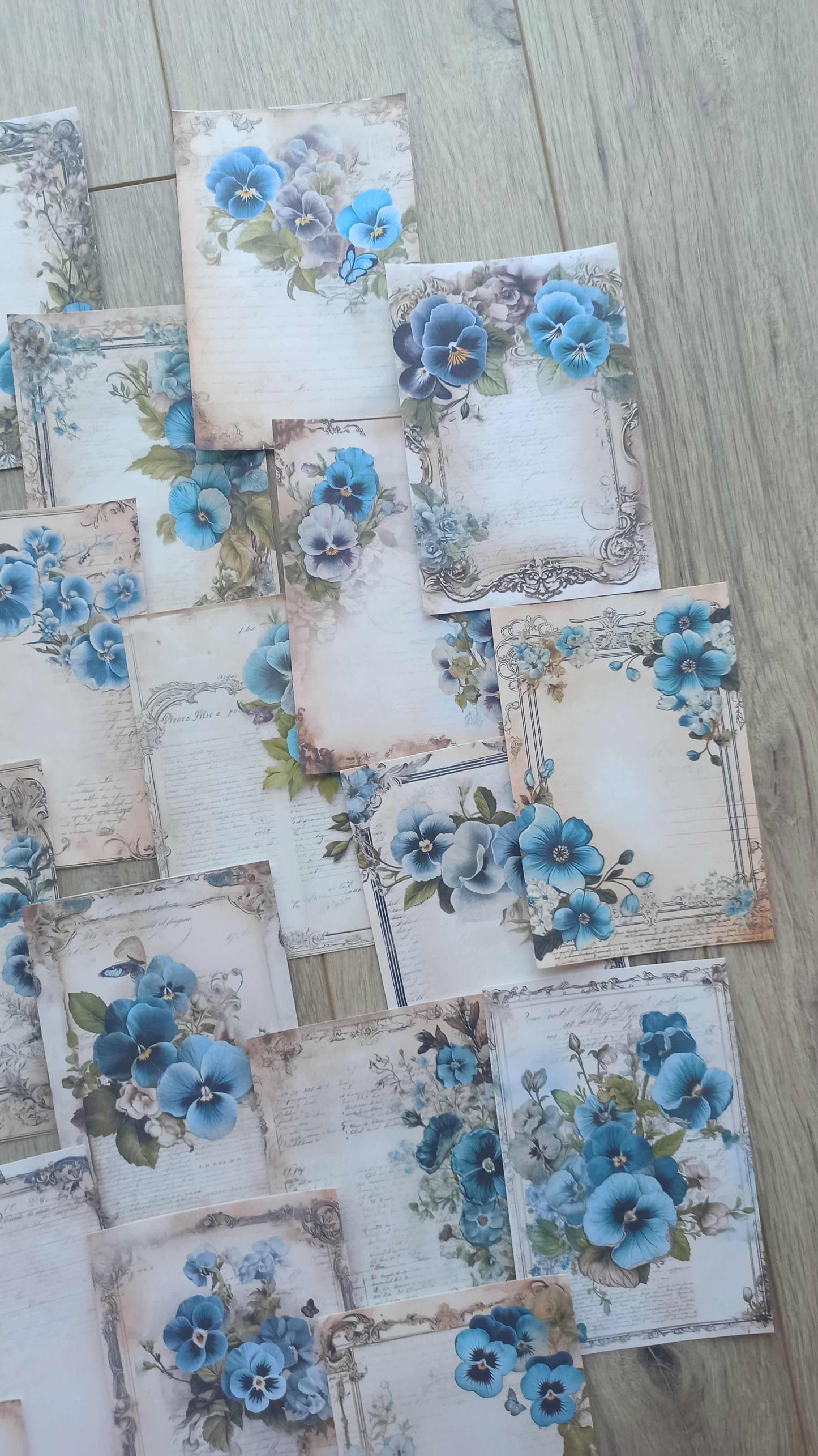 20 Adet Eskitme Vintage Mavi Menekşe Temalı Scrapbook Kağıt Seti Bullet Journal Dekupaj Kağıdı