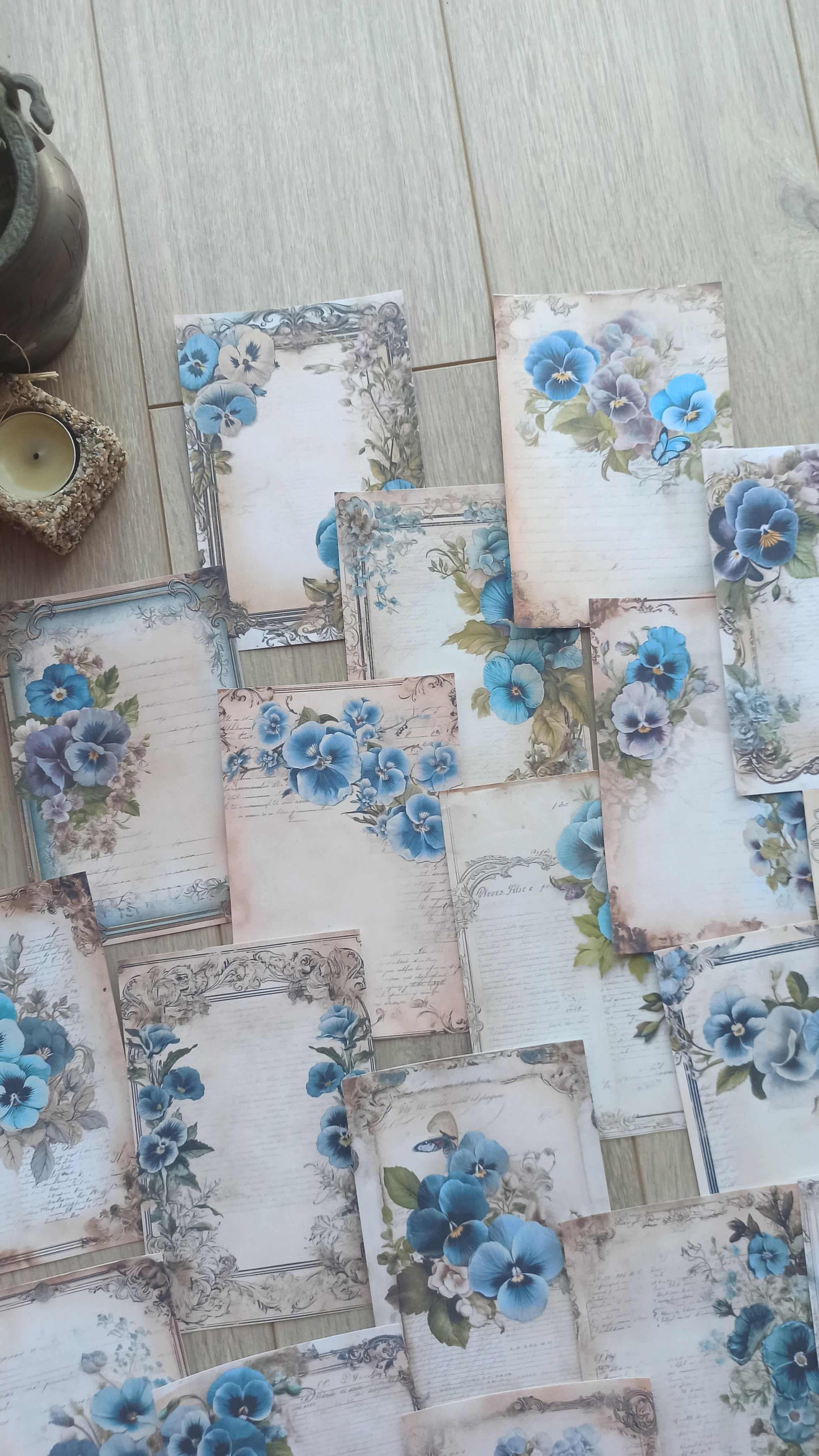 20 Adet Eskitme Vintage Mavi Menekşe Temalı Scrapbook Kağıt Seti Bullet Journal Dekupaj Kağıdı