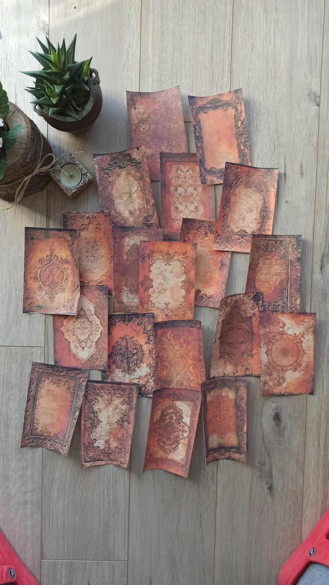 20 Adet Eskitme Vintage Kızıl Şal Desen Temalı Scrapbook Kağıt Seti Bullet Journal Dekupaj Kağıdı
