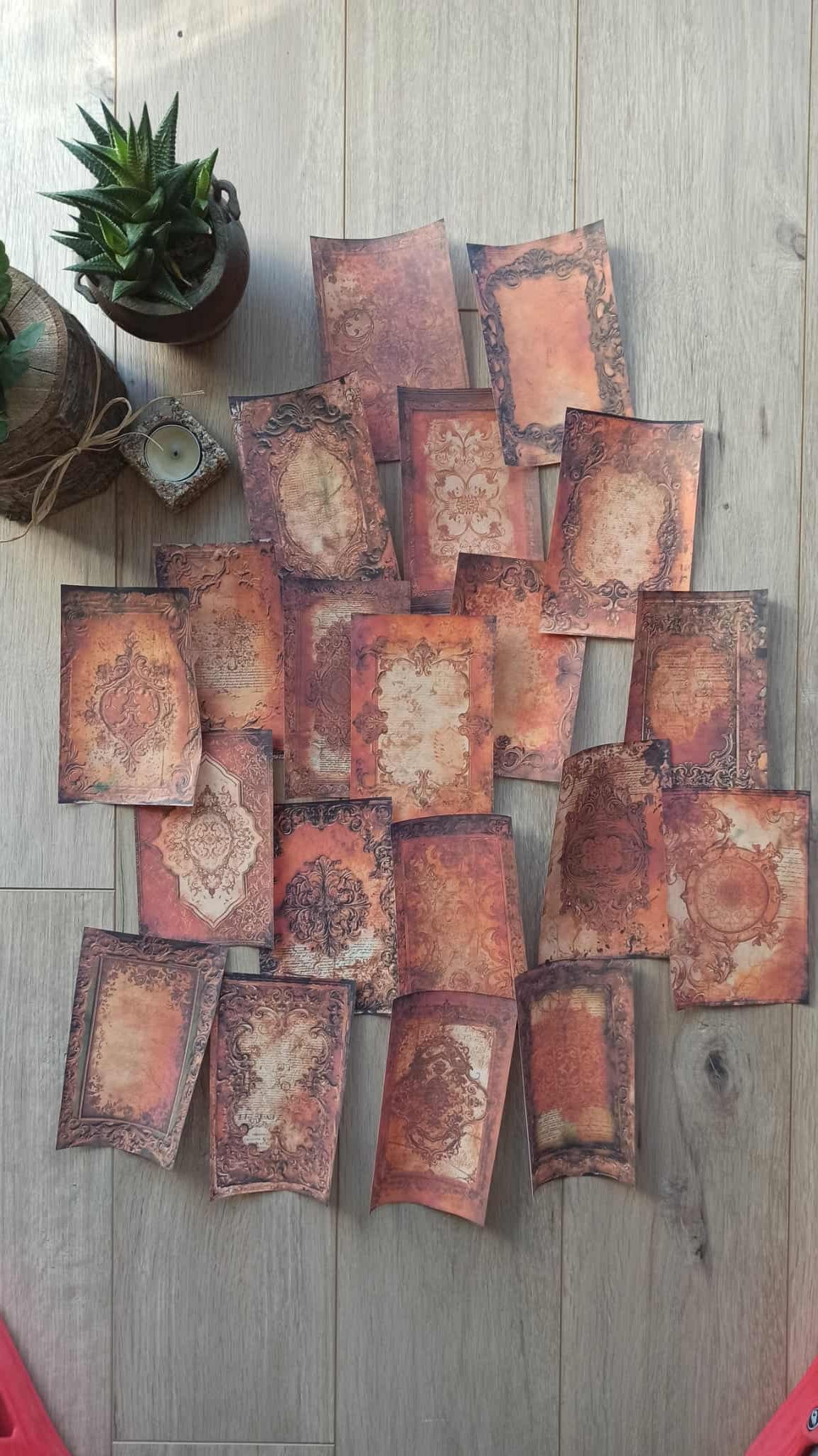 20 Adet Eskitme Vintage Kızıl Şal Desen Temalı Scrapbook Kağıt Seti Bullet Journal Dekupaj Kağıdı