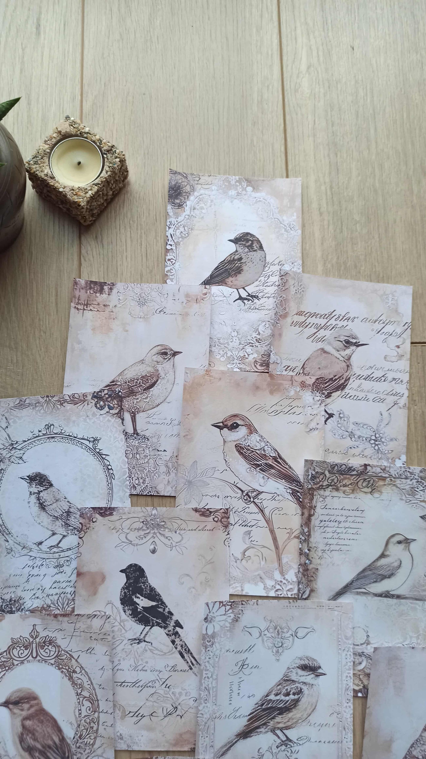 12 Adet Scrapbook Eskitme Kuş Dantel Temalı Scrapbook Kağıt Seti Bullet Journal Dekupaj Kağıdı