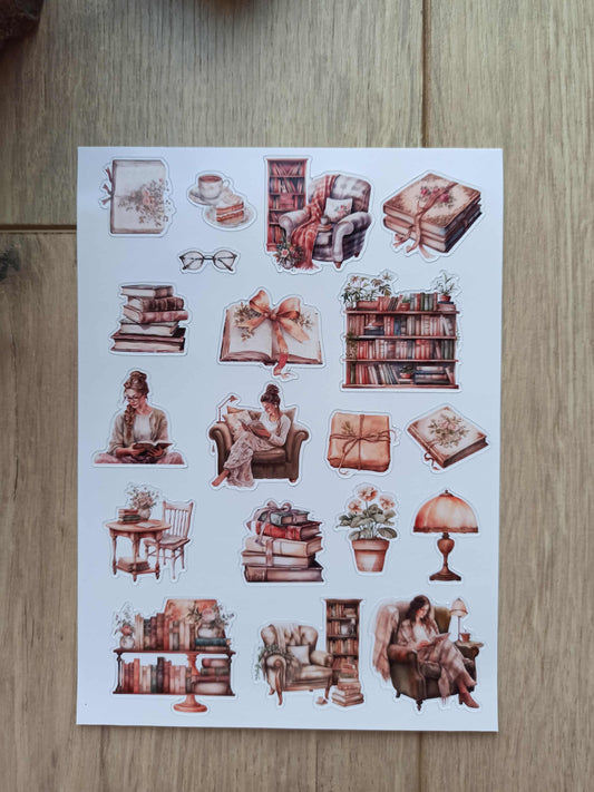 19 Adet Kitap Temalı Sticker Bullet Journal Scrapbook Laptop Sticker Kitap Kız Kahverengi
