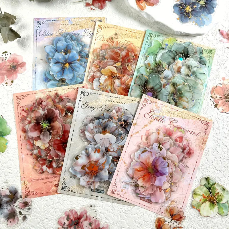 20 Adet Yaldızlı Şeffaf Çiçek Sticker Seti Bullet Journal Scrapbook Şeffaf Sticker Laptop Ajanda Planlayıcı
